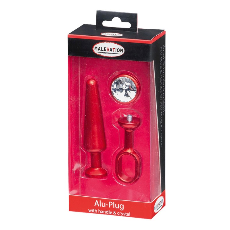 MALESATION Alu-Plug with handle & crystal medium, red